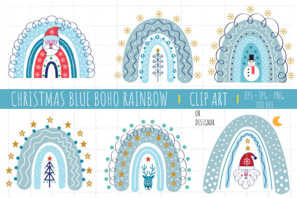 Christmas Blue Boho Rainbow Clipart for Crafting and Etsy Designs