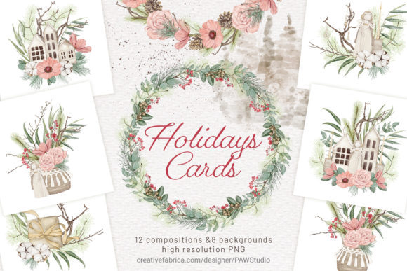 Christmas Boho Cards Bouquets Wreaths Illustrations