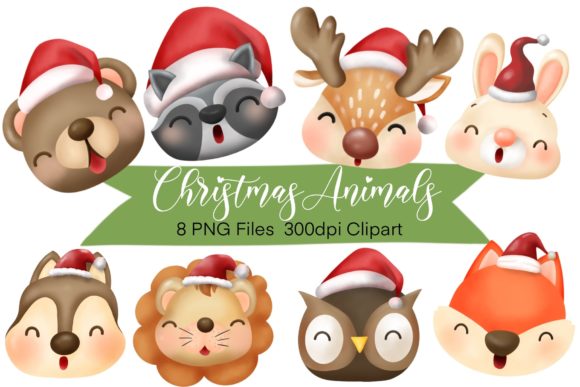 Christmas Hat Woodland Animals Clipart Illustrations