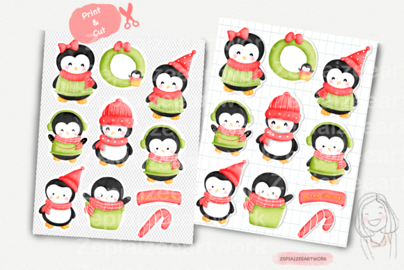 Christmas Penguin Sticker Printable Illustrations