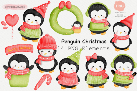 Christmas Penguin Watercolor Clipart for Local Branding