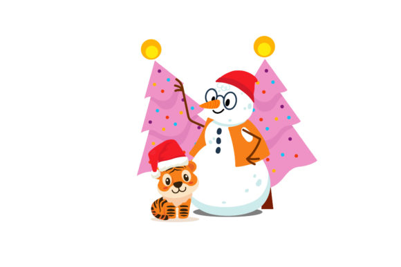 Pink Christmas Tree Snowman Cute Tiger Illustration